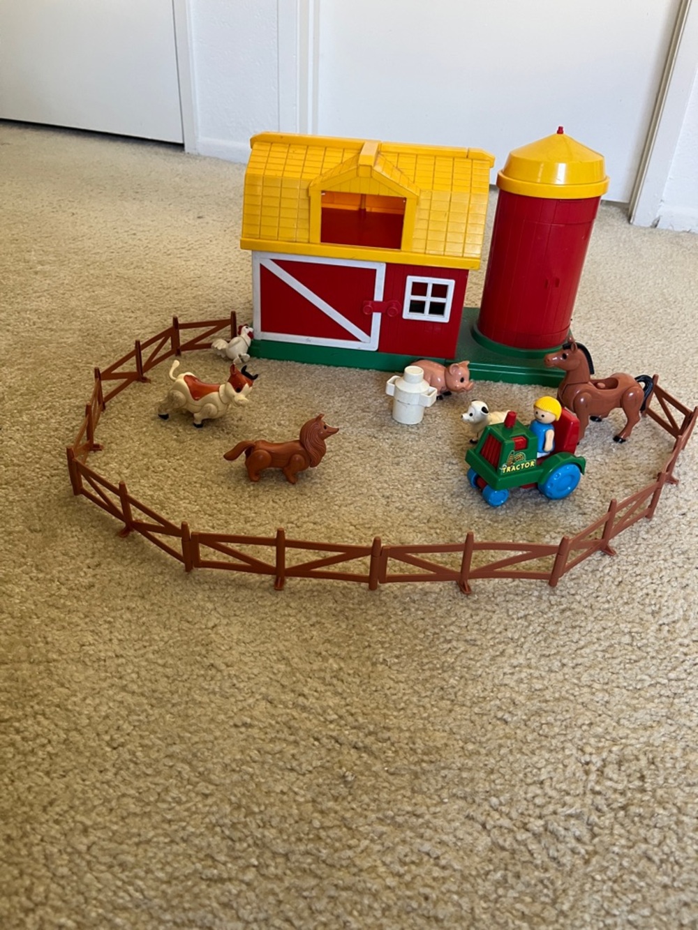 Vintage Playmates Farm Playset - Yellow & Red Barn with Animals and Tractor